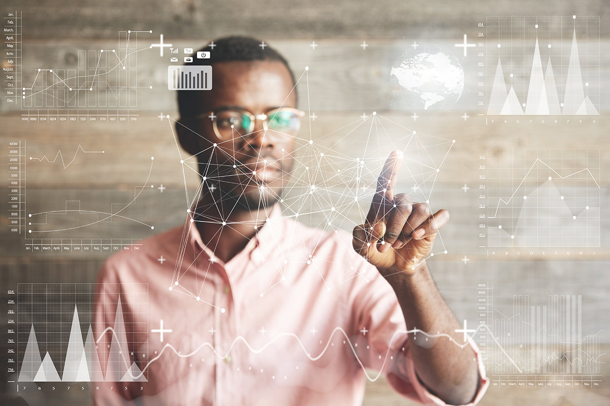 man drawing a chart using a touch screen interface